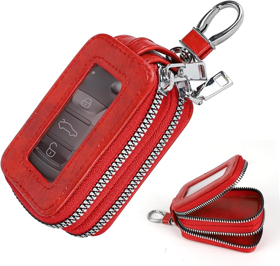 Leather Zipper Key Fob Holder Bag, Double Layer Smart Key Protector ...