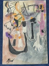 joan miro drawing and painting on old paper signed stamped vintage