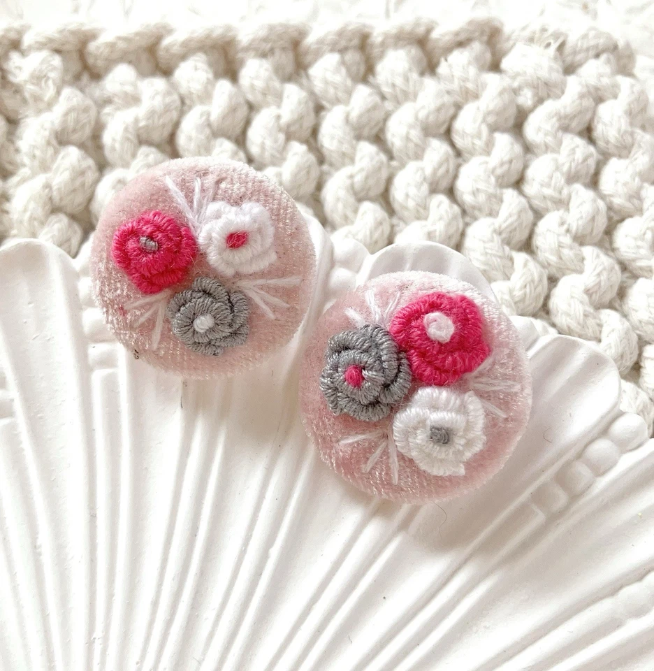 2pcs 28mm Pink flower plants embroidered velvet  fabric covered  shank buttons - Image 3 of 3