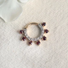 Garnet Diamond 14K Yellow Gold Over Hoop Nose Helix Daith Septum Hinged Clicker