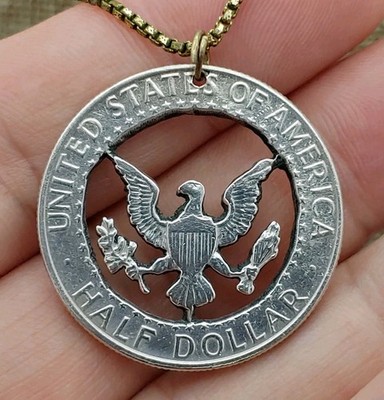 USA Eagle Silver half dollar Open Cut pendant with 26'' chain 1968 Kennedy 40% AG