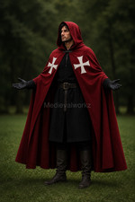 Medieval Hooded Crusader Cloak Red Knight Cape White Cross LARP Costume