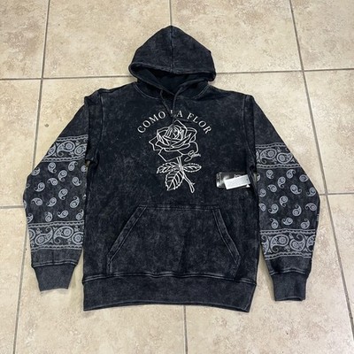 Selena Como La Flor Hoodie Mens Medium Black Acid Wash Bandana Paisley Sleeves