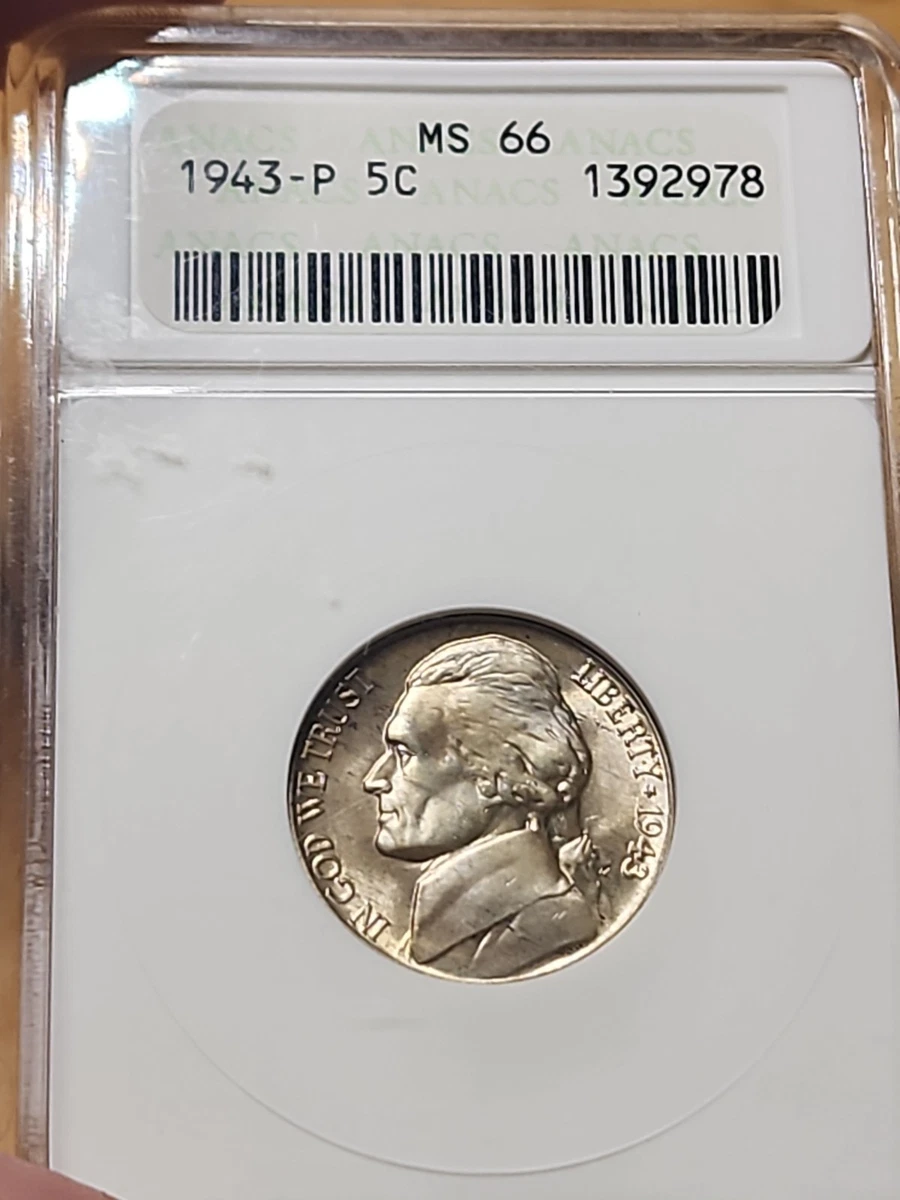 PCGS Certified MS 66 Graded 1943 Year US Jefferson Nickels (1938