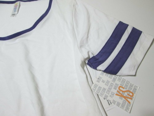NWT Lula Roe Womens Size XS T-Shirt White/Navy Short Sleeve Round Neck Slit Side - Picture 4 of 8