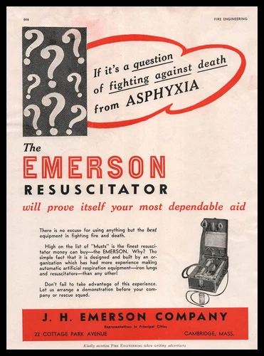 1946 J. H. Emerson Cambridge Massachusetts Resuscitators Fight Asphyxia Print Ad