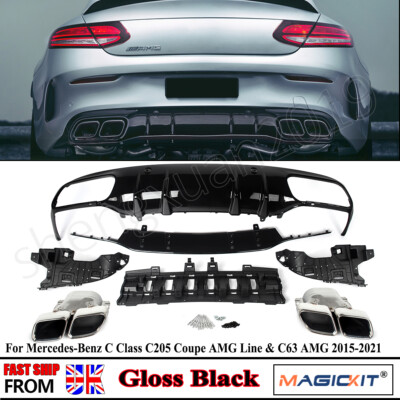 FOR MERCEDES C205 COUPE A205 2015-21 C63 STYLE REAR DIFFUSER W/ CHROME ...