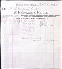 1892 Hawkins & Higbee Meadow Creek MT Billhead 9.25"H