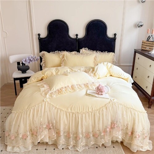 4Pcs Princess Wedding Bedding Set Korea Style LaceFlowers Embroidery DuvetCover - Imagen 12 de 24