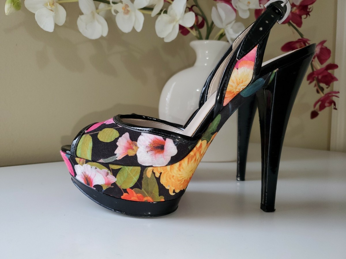 Nine West Floral Silk Patent Leather Platform High Heel Pumps