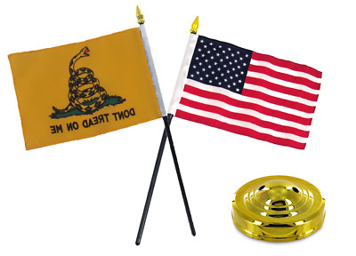 Gadsden Yellow Snake Don't Tread on Me w/ USA Flag 4''x6'' Desk Set Gold Base