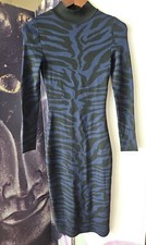 RIVER ISLAND Midi Mock Neck Blue Black Animal Print Long Sleeve Bodycon Dress