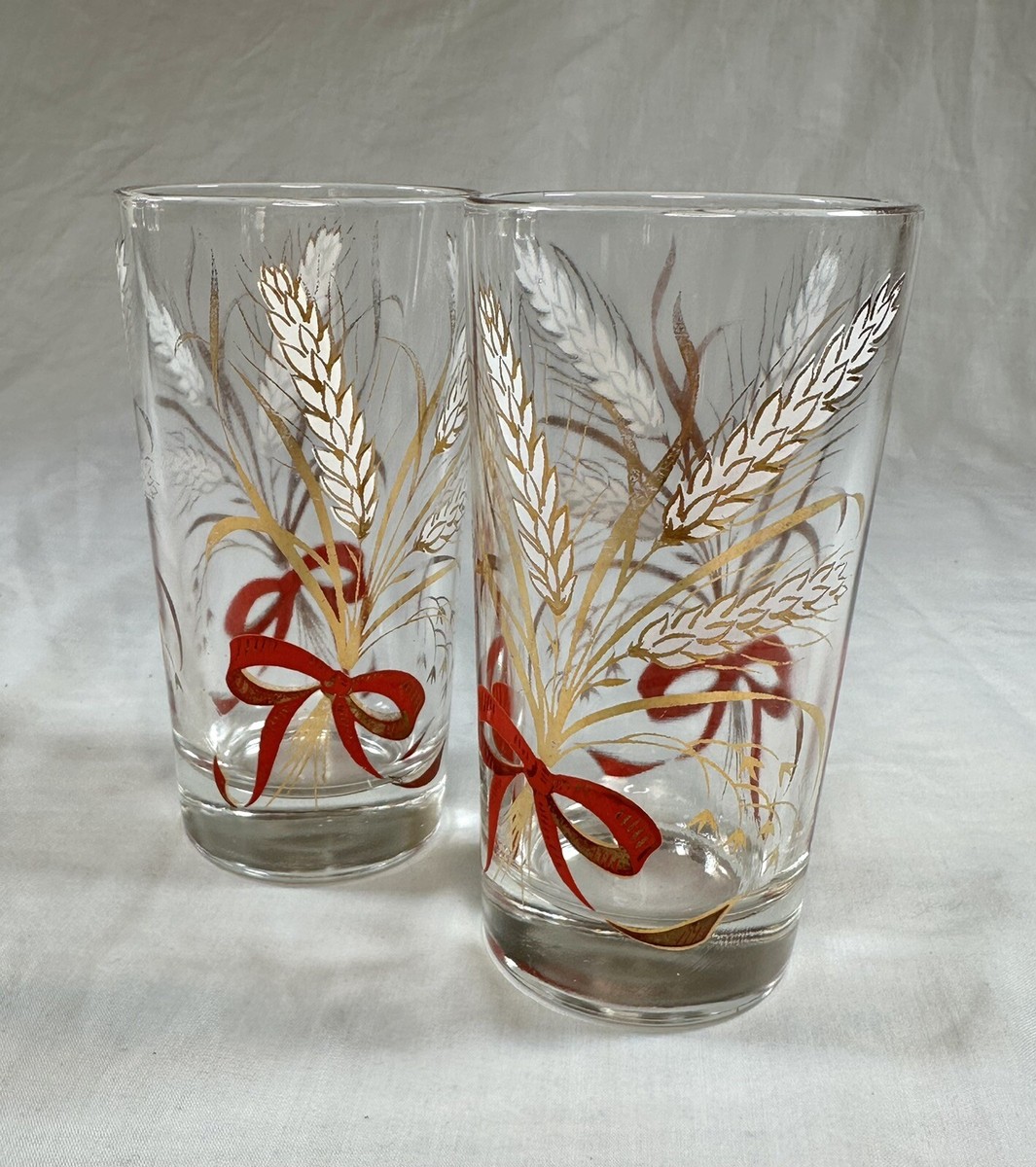 Vintage Gold Wheat Drinking Glasses 2 MCM Retro Barware 8oz