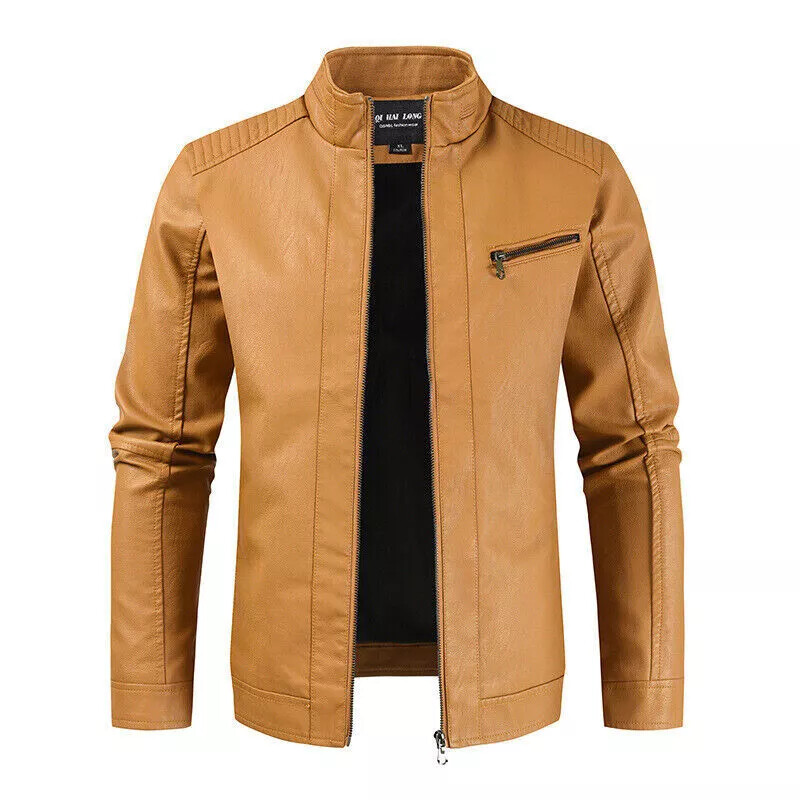Leather Collar Jacket Racer Biker Pockets Mens Vintage Coat Casual Lambskin