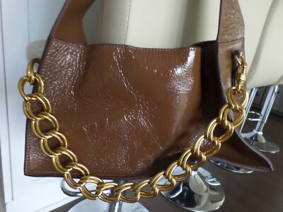 Manu Atelier  Kesme shoulder brown calf patent leather bag with gold chain