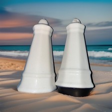 Vintage 6 Inch Tall White Ceramic Lighthouse Salt and Pepper Shakers