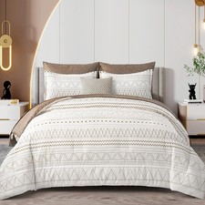 7 Pieces Brown Comforter Set King Size,Boho Bed in a Bag Geometric Stripe