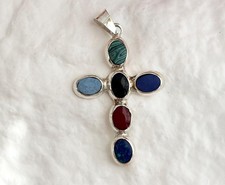 Onyx, Lapis, Turquoise, Malachite, Coral Sterling Silver 925 Vintage Pendant