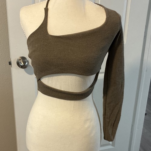 I Joah Brown Knit Cropped One Shoulder Cut-Out Long Sleeve Top Women’s M - Picture 1 of 3
