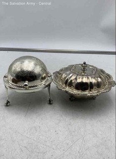 Antique Silver Plate Roll Top Lid Caviar Butter Dish Server Lion Heads Paw Feet