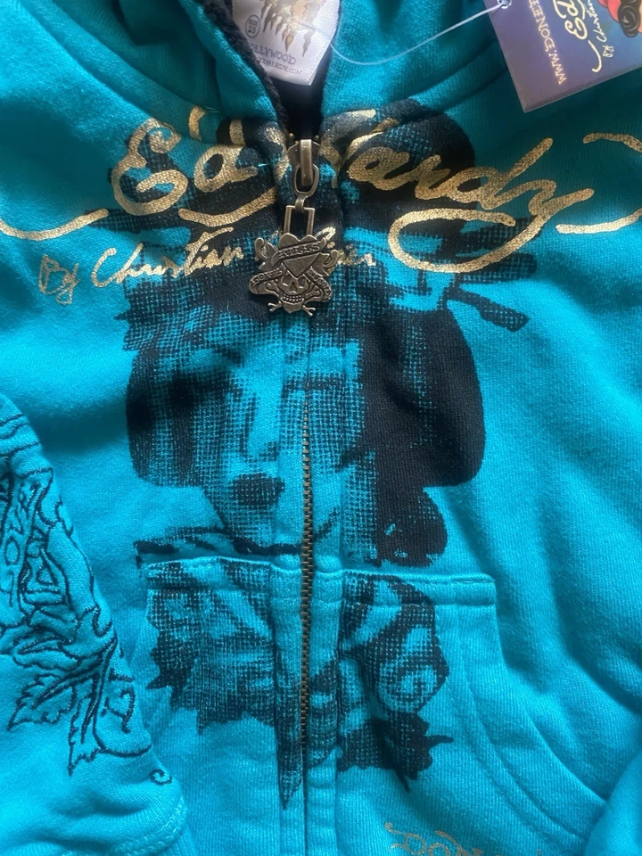 全新 ~ 稀有 ~ Ed Hardy KIDS 复古 Y2K Geisha ~ Skull FLEECE LINED 连帽衫 尺寸 2/3 — 第 2/4 张图片