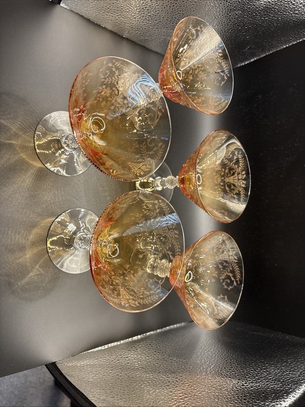 Set 5 Amber Cambridge Etched 3122 Ball Stem Sherbet Champagne Glasses 6 oz