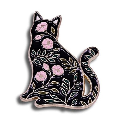 Black Cat Beautiful Pink Flowers Enamel Pin Pet Kitty Novelty Brooch Buttons Jew