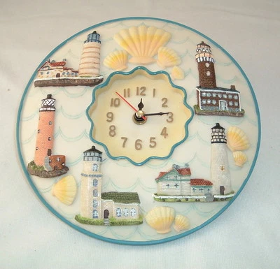 Lighthouses 3D Wall Clock, Polystone 8" Round ~ Kitchen, Nursery, Bedroom, Patio