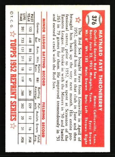 Faye Throneberry 1983 Topps 1952 Reprint Series #376 BASEBALL Card - Picture 2 of 2