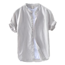 Men Linen Cotton Short Sleeve Shirt Plain Ethnic Mandarin Collar Tops Blouse