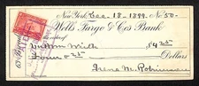 1899 Wells Fargo & Co Bank 63 Broadway NYC Check #50 w/ Rev Stamp William Wirth