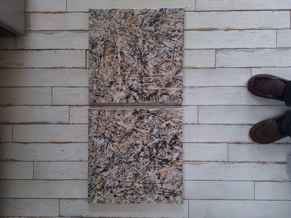 Dos pinturas de acción abstractas originales estilo jackson pollock lienzo Foto 3 de 4