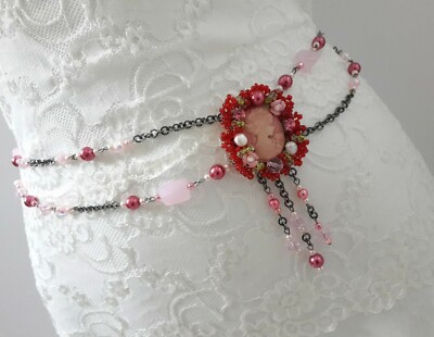 Victorian Pink Cameo Chain Belt Pink & Red Beads Boho Gypsy 