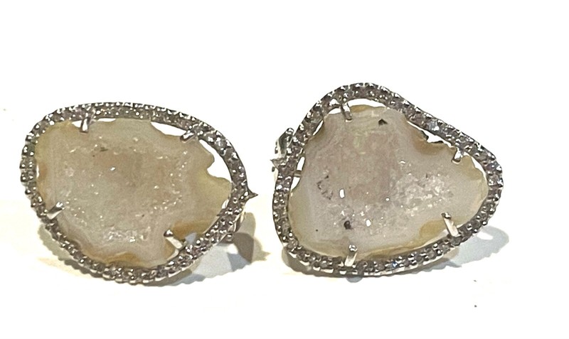 14k white gold Natural crystal Geode Quartz .46ct Diamond earrings omega 7.8g