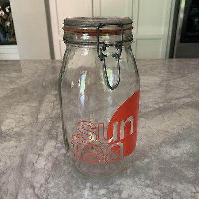 Vintage Glass SunTea Jar Wire Bail Latch Lid 2 Liter Red Typography Storage Jar