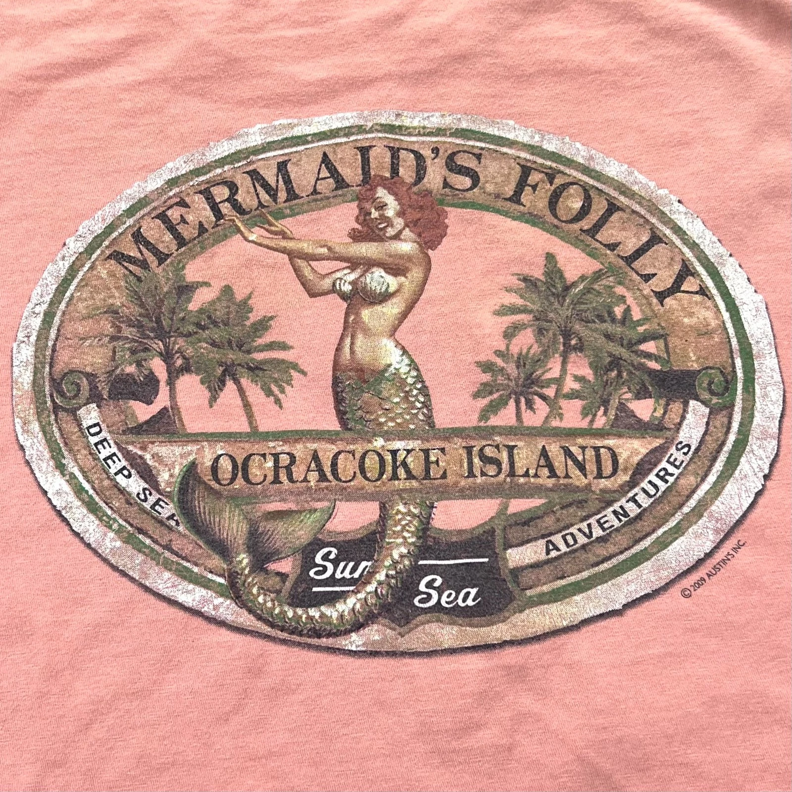 Mermaids Folly Shirt Mens M Peach Short Sleeve Ocracoke NC Outer Banks Hanes Tee