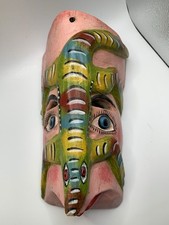 Vintage Mexico Carved Wood Mask Folk Art Lizard Face Hand Painted