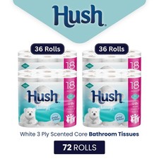 Image of Hush Luxury White 3 Ply 72 Toilet Rolls Quilted Soft Scented Core Tissue