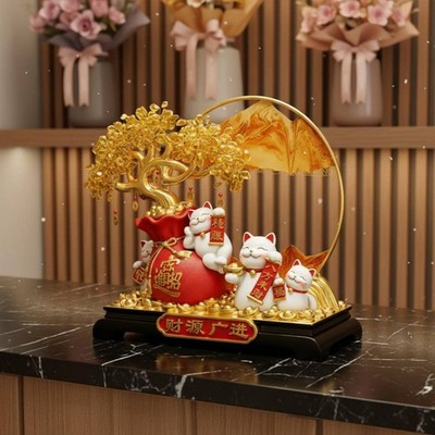 Glückskatze Geldbaum Figur Feng-Shui-Stil Maneki-Neko Geldbaum Statue Goldoptik
