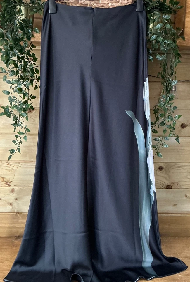 EX Ted Baker Black Satin Flower Detail Maxi Skirt Size 10 - Image 4 of 4