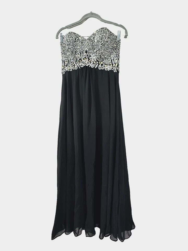 Vestido de Noche Formal Negro Sin Tirantes Estrás 6 Maxi Adornado Baile de graduación Vestido Mod Foto 3 de 4