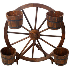 34 In. Dia Brown Wood Outdoor Planter Wagon Wheel Barrel Display