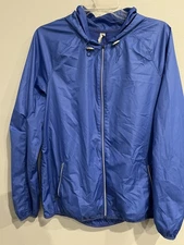 Layer 8 Blue Windbreaker Rain Jacket Womens Hike Hoodie Packable Running Sz M