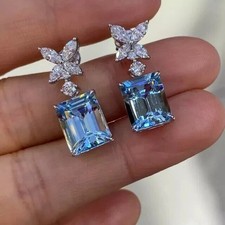 3Ct Emerald Cut Lab Created Aquamarine Earrings 14k White Gold Plated