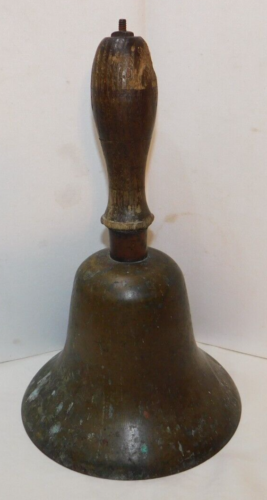 Large Heavy Antique BRASS School Choir Hand Dinner Bell 10" Tall Wood Handle - Picture 1 of 5