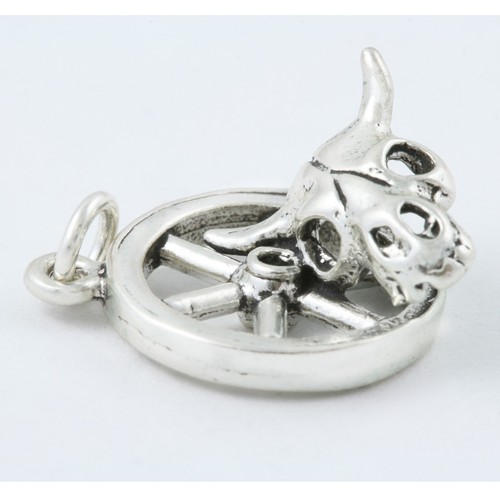 Wagon Wheel and Cow Skull Western Cowboy 3D 925 Solid Sterling Silver Charm - Picture 4 of 8