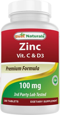 Best Naturals Zinc 100 mg with Vitamin C & D3 180 Tablets Gluten Free and Non-GM