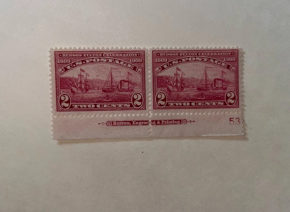 US #372 2c HUDSON FULTON CELEBRATION 1909 PAIR OG + MARGIN 2 CENT VIBRANT - Image 4 of 4