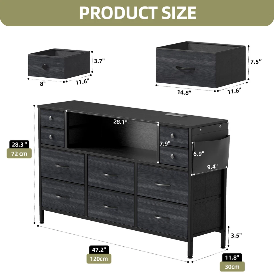 Cômoda preta 10 gavetas porta USB ajustável LED armário organizador de quarto - Imagem 2 de 4