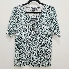 Rafaella Navy Aqua & White Dotted LaceUp V-Neck Stretch Blouse Top Size M